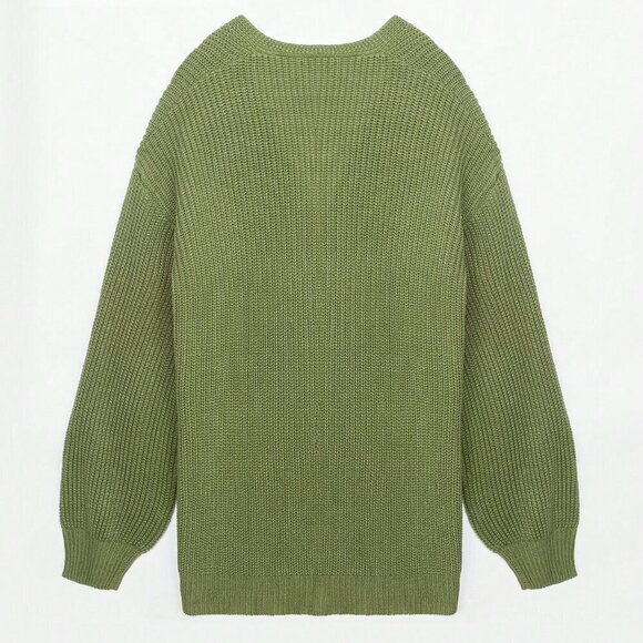 Army Green Casual Women's Solid Drop Shoulder Open Front Cardigan - Picture 7 of 8